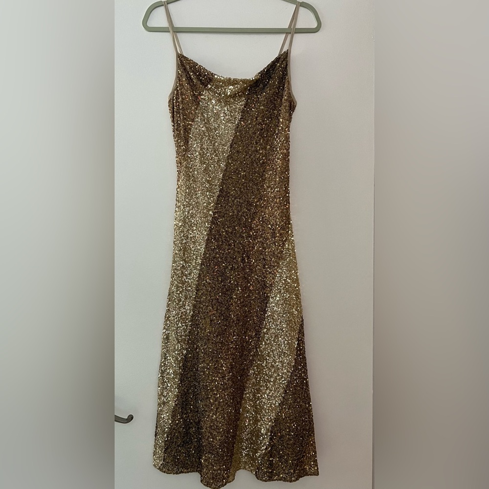 BL-nk Gold Sequin Bodycon Midi Dress XS NWT Adjustable Straps
